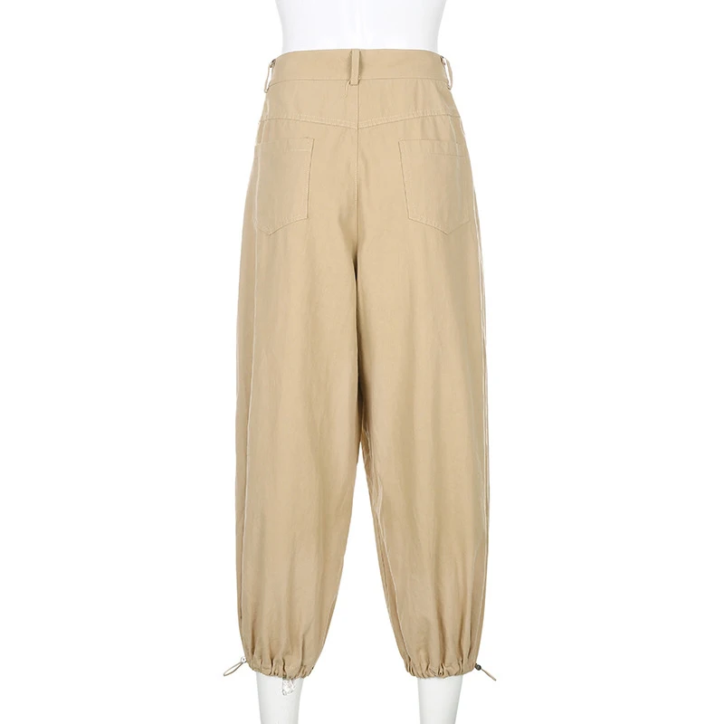 ALLNeon Y2K Fashion Khaki Oversized Cargo Pants Hip Hop Style Loosed Adjustable Waist Drawstring Long Pant Streetwear 90s Autumn