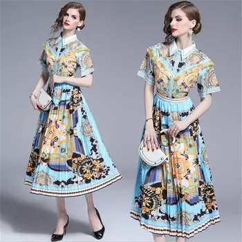 

2019 Summer Fashion Midi Dress Women's Elegant Turn-down Collar Short Sleeve Vintage Blue Printed Pleated Dress High Quality