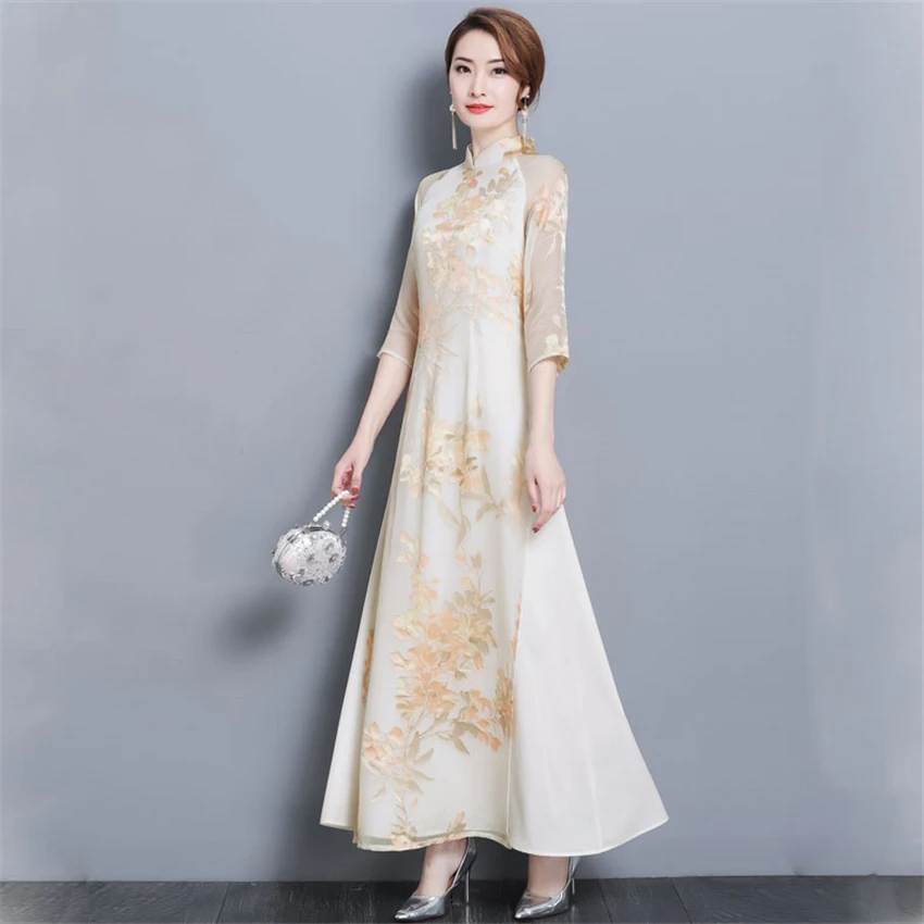 

Ao Dai 2019 Spring Summer New Floral Vietnam Dress for Women Elegant Cheongsam Traditional Folk Qipao Asian Clothes Vestidos