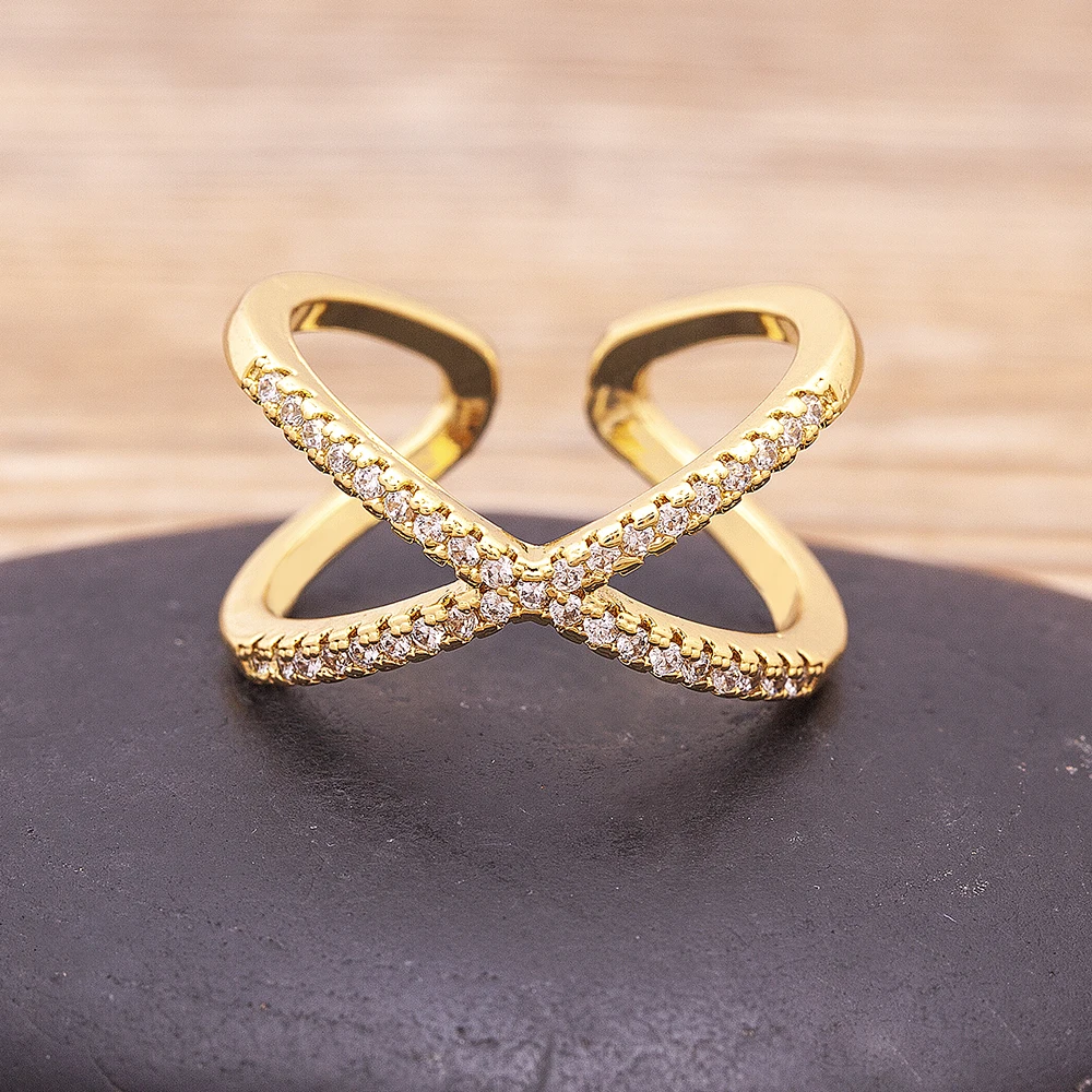 Luxury Cross X Shape Women Engagement Ring Full Paved Zircon Gold Color Elegant Simple Jewelry Open Adjustable Ring wedding rings finger rings fashion rings engagement rings zircon rings fashion ring crystal rings metal rings stone rings gold rings