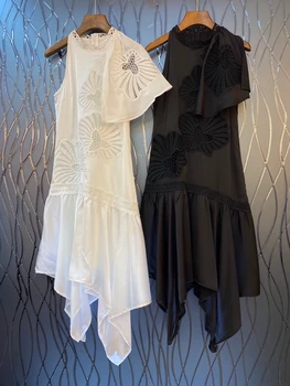 

2020 Spring and Summer New Women's round Neck Irregular Single off-Shoulder Embroidery Flower Lotus Leaf Swing Dress 616