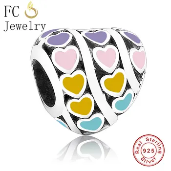 

FC Jewelry Fit Original Pandora Charm Bracelet 925 Sterling Silver Pink Enamel Heart Shape Bead For Making Women Family Berloque