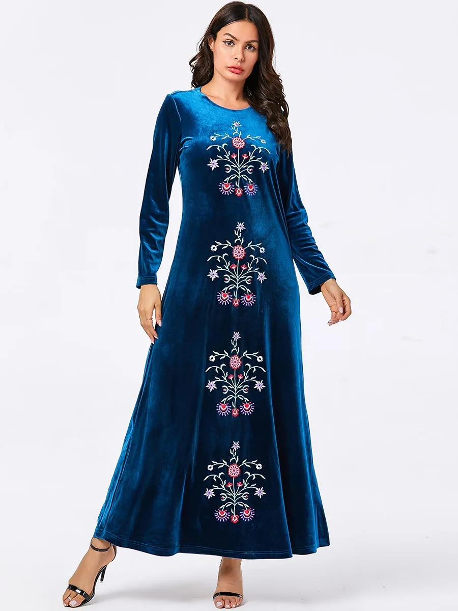 Elegant Velvet Abaya Muslim Embroidery Maxi Dress Cardigan Kimono Long Robe Gowns Middle East Eid Ramadan Islamic Prayer