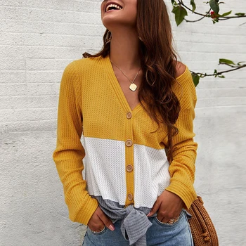 

New Button V-Neck Sweater Women Lace-up Spring Autumn Contrast Color Knitted Pullover Women Slim Soft Sweater Female Knit Tops