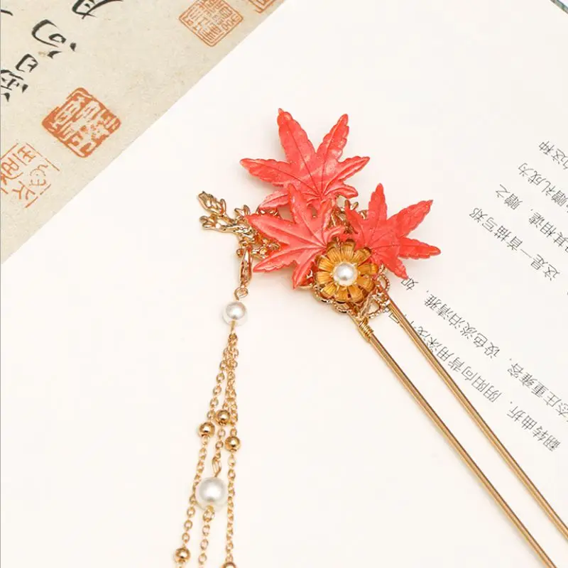 Hair Stick Metal Maple Leaf Chopstick Hair Accessories for Women Hanfu Hairpin Comb Gift