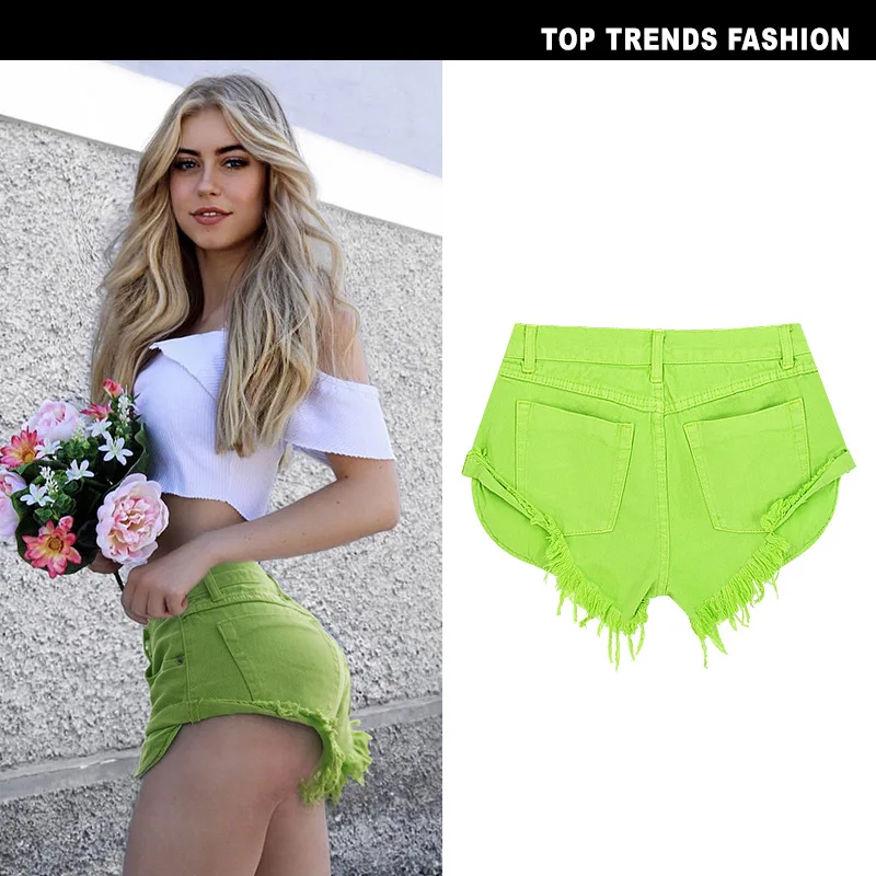 Sexy Casual Summer Green Long Pockets Jeans Shorts Women Fashion Low Waist Tassel Ripped Denim Shorts New Solid Color Hot Short (13)