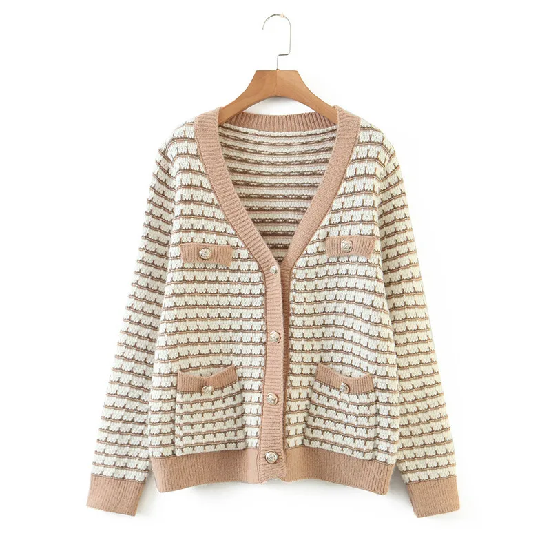 

Tangada women elegant striped pattern cardigan vintage jumper lady fashion oversized knitted cardigan coat QW316