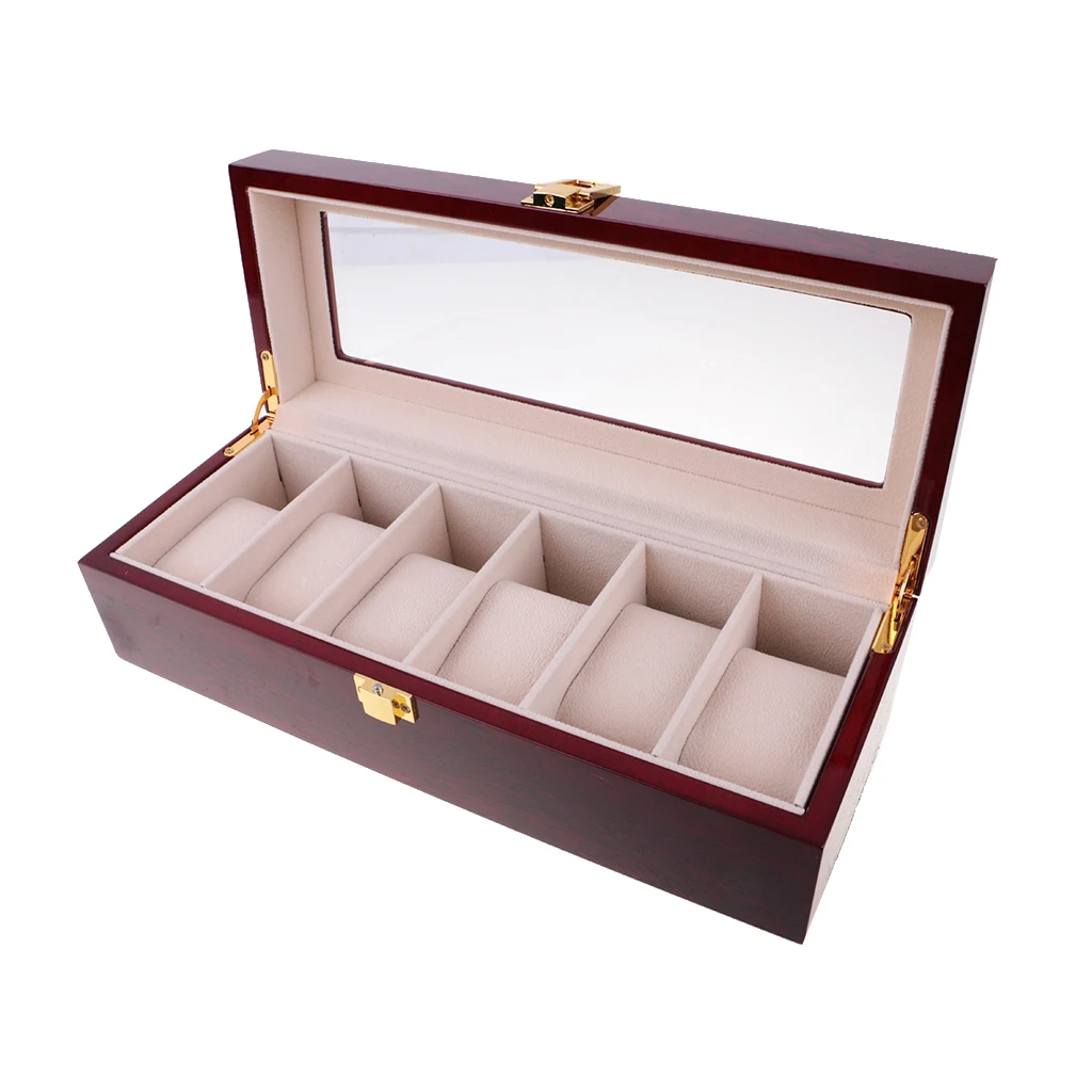 

6 Grids Watches Display Box Case, Wooden Jewelry Storage Organizer with Clear Glass Lid for Shop Home Container - Wine Red