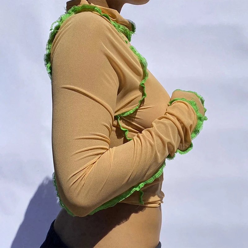 Chic Mesh See Through Y2K Top Woman Slim Club Patchwork Ruffles T-Shirt Street Turtleneck Crop Tops Neon Tees