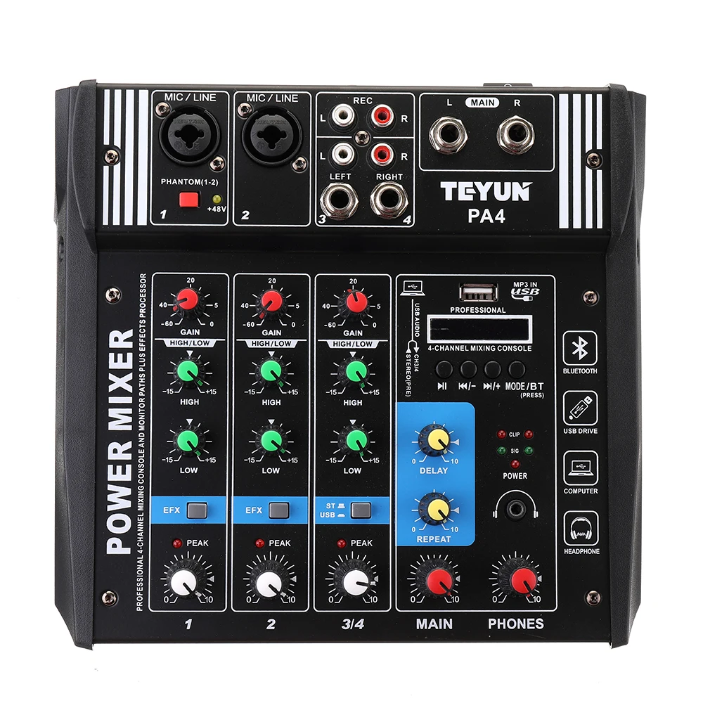 

4 Channel Karaoke Mixer 2*100W Audio bluetooth Mixing Live Mixing Console Amplifier for DJ KTV Stage Party