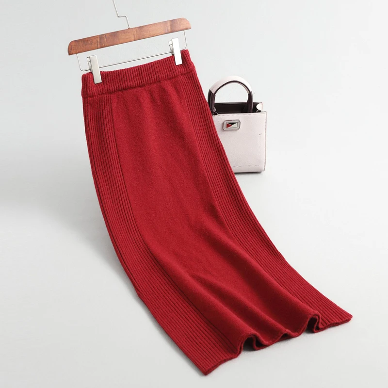 Flectit осень зима высокий уличный цвет блок Bodycon трикотажная юбка высокая талия Сторона Сплит Длинные юбки карандаш женские трикотажные изделия - Цвет: Wine red