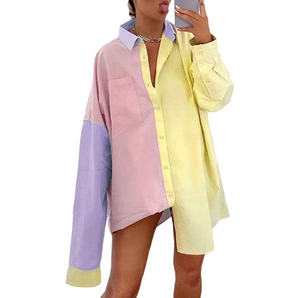 

Womenâ€™s Casual Color Contrast Shirt Fashion Striped Long-sleeved Lapel Single-breasted Shirts