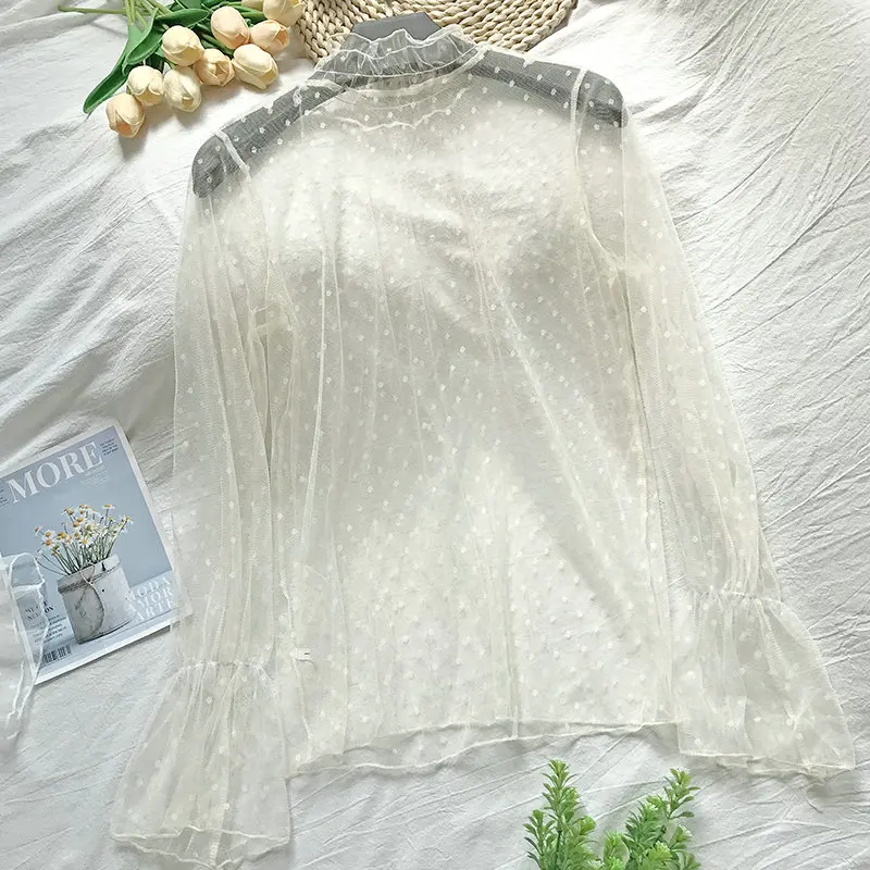 Women Blouse Shirt Элегантная женская кружевная сетчатая вуаль с расклешенными рукавами, Базовая рубашка с оборками, Новая Винтажная эластичная тонкая Тюлевая блузка в горошек, топы - Цвет: Women Blouse Shirt