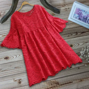 

Women Vintage Casual Hollow Out O-Neck Half Sleeve Linen Top T-Shirt korean fashion clothing for womens women cotton tshirts