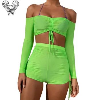 

Off Shoulder Two Piece Bikini Cover Up High Waist Beach Dress 2019 Summer Swimsuit Side Adjusted Long Sleeve Female Bathing Suit