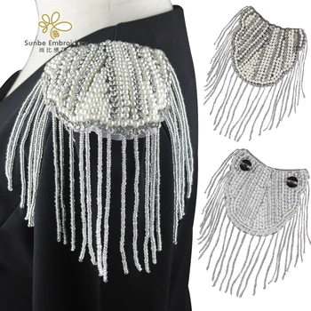 

Beaded Crystal Suit Shoulder Pearls Beading Tassel Epaulet Epaulette Patches with Pin back 2 pieces