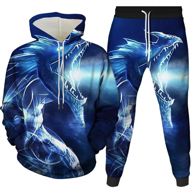 

Unisex Punk Style Blue Flame Dragon Casual Hoodie 3D Digital Print Pullover Hooded Sweatshirt Drop
