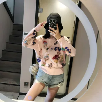 

2019 new fashion pullovers flash diamond flower hand-made sweaters for women