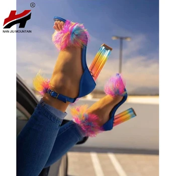 

NAN JIU MOUNTAIN 2020 Women's High Heel Sandals Summer Outdoor Shoes Colorful Chunky Heel Sexy Fashion Fish Mouth Plus Size 46