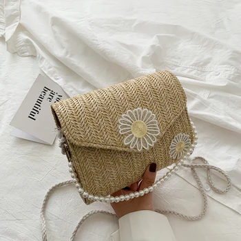 

Women Straw Woven Bags Daisy Flower Lace Shoulder Bag Retro Pearl Chain Handbags Summer Beach Messenger Crossbody Bag Totes