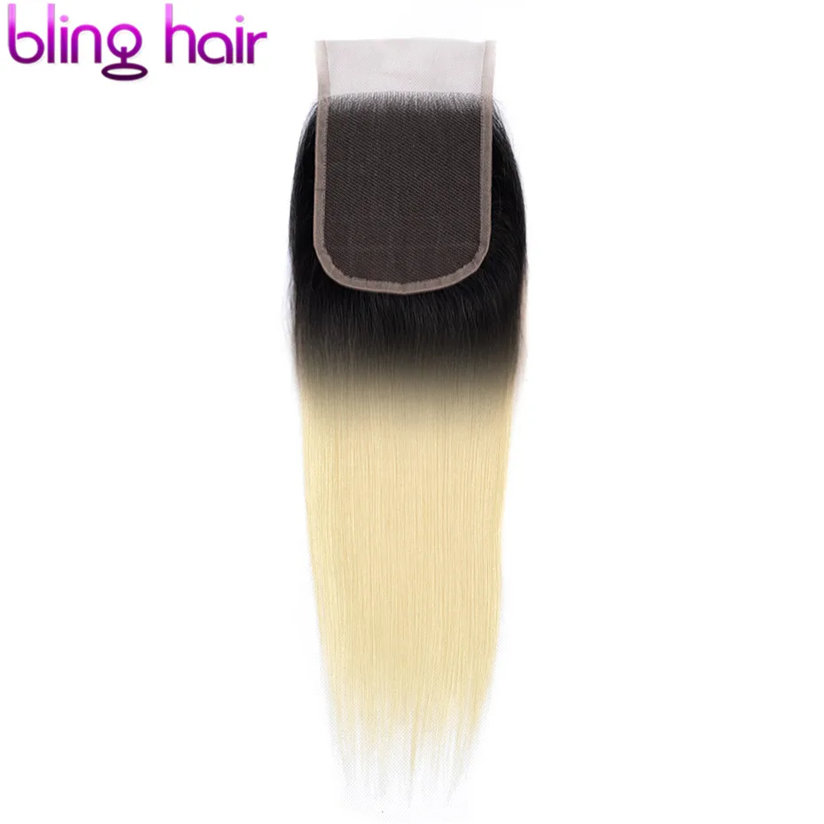 Bling hair#613 блонд Remy человеческие волосы Закрытие 4*4 бразильские прямые волосы Кружева Закрытие свободный/средний/три части 1b/613 8-22 дюйма - Цвет: T1B/613