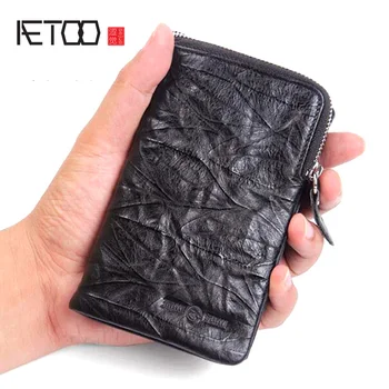 

AETOO Handmade men's wallet leather short paragraph vertical section men's first layer of cowhide retro folds driver's license