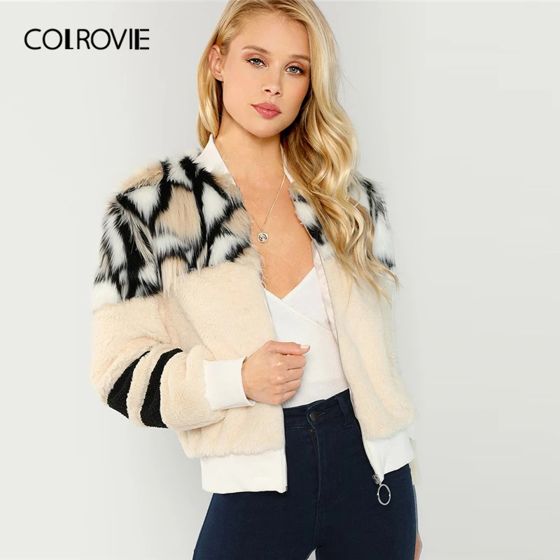 Женское пальто из искусственного меха COLROVIE теплое разноцветное на молнии с