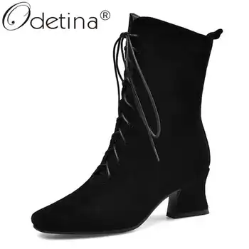 

Odetina Women Winter Cross-tied Lace Up Square Toe Mid Calf Boots Ladies Faux Suede Side Zipper Block High Heel Motorcycle boots