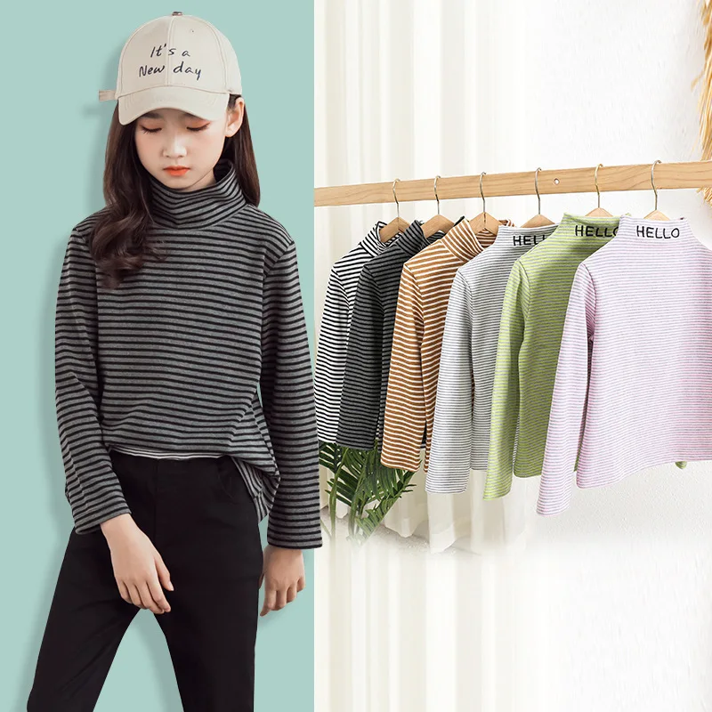 

Children's T-shirts for Girls Clothes Winter Warm Kids Striped Turtleneck Autumn Long Sleeve Undershirt Girls Tops Tees 10 12 Y