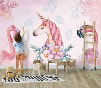 

CJSIR Custom Made Children's Room Background 3d Wallpaper Flamingo Unicorn Flower and Bird Background Wall 3d Wallpaper Decor