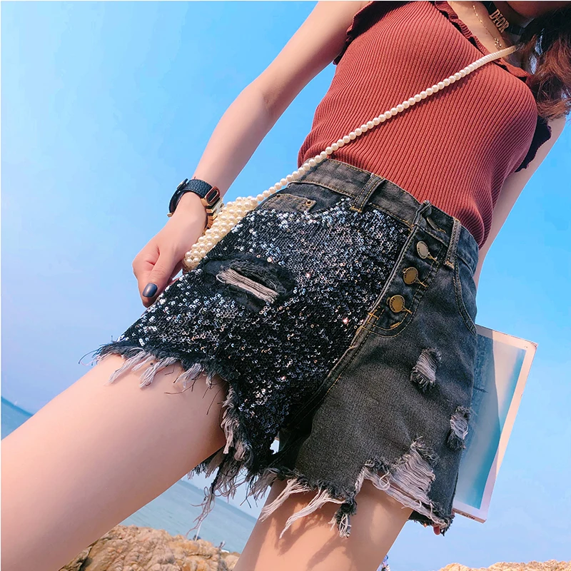 

Plus Size Spring Summer Black Shorts Women New Cowboy High Waist Shorts Ripped Jean Pants Holes Sequin Ladies Hot Pants Shorts