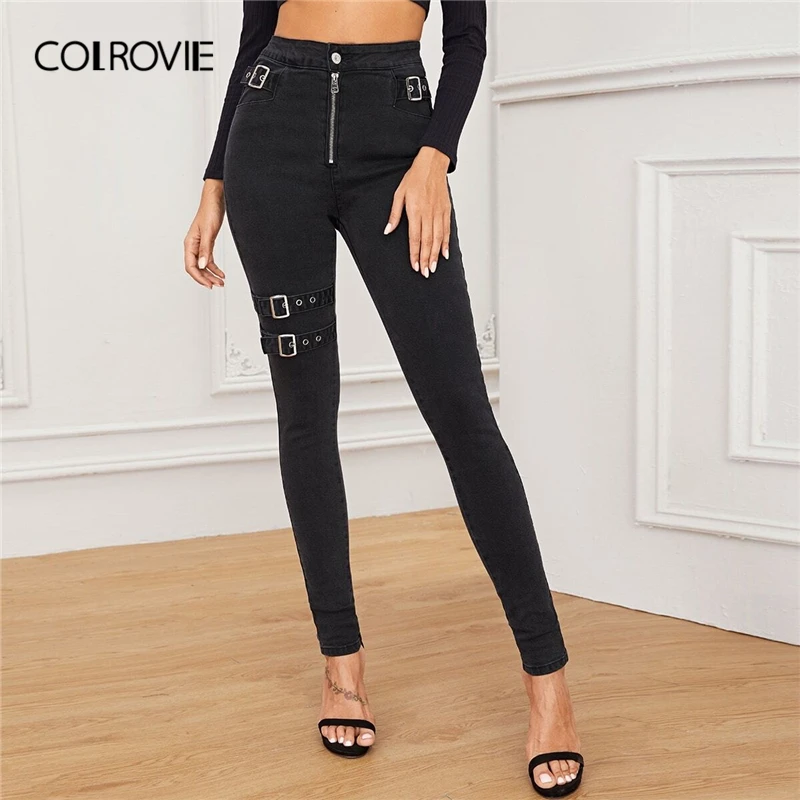 

COLROVIE Black Adjustable Belted Exposed Zip Front Jeans Women 2019 Fall High Waist Skinny Jeans Female Solid Casual Denim Pants