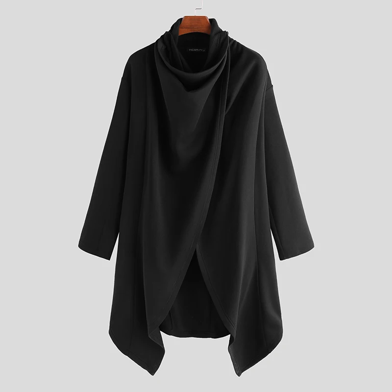 Men Long Sleeve Solid Color Scarf High Collar Trench Jackets Street Trend Style Baggy Warm Outerwear