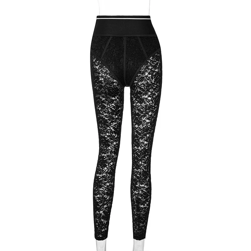 Sexy Lace Patchwork Corset Pants Women Letter Printed Leggings with Side Zipper See Through Trousers Summer Night Party Clubwear tights for women