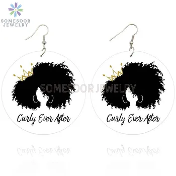 

SOMESOOR Cruly Afro Queen Arts Painted Wooden Drop Earrings Unapologetic Black Natural Hair Handmade Wood Loops For Women Gifts