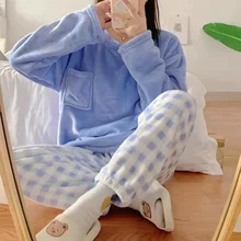 2021Winter Fashion Women's Casual Lovely Solid Plaid Warm Sleepwear Homewear Cute Pajamas Set Cotton With Pants Flannel Pullpver