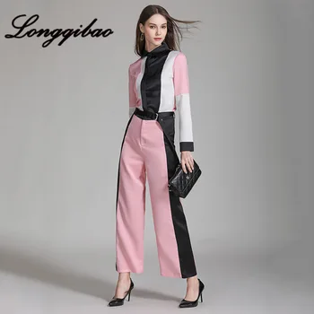 

European and American style 2019 autumn pink black color shirt + high waist pants temperament two-piece commuter OL suit