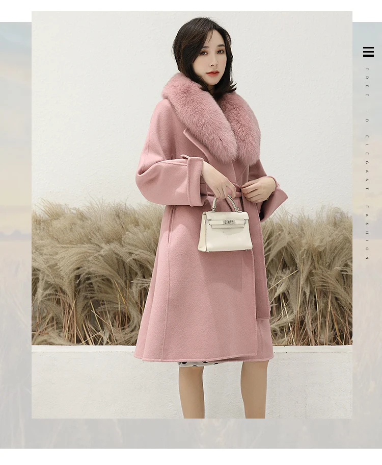 Cheap Women 2019 Winter Natural Fox Fur Collar Double-Sided Wool Blends Coat Female Thicken Warm Sheep Shearing Long Overcoat 7