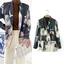 Aliexpress - Vintage Tie-Dye Blazer Suit Woman Contrast Colors Office Blazer Elegant Double Breasted Back Stripe Casual Commute Suit Coats