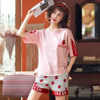 

Popular Cartoon Stripe Cotton Pajamas Set Women's Summer New Strawberry Red Short Sleeve Shorts Home Wear 2 Pieces /set Nighty