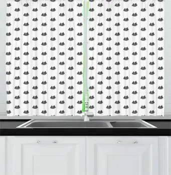

Grey White Evergreen Kitchen Curtains Continuous Pattern Greyscale Canadian Spruce Trees on Plain Backdrop Print Window Drapes