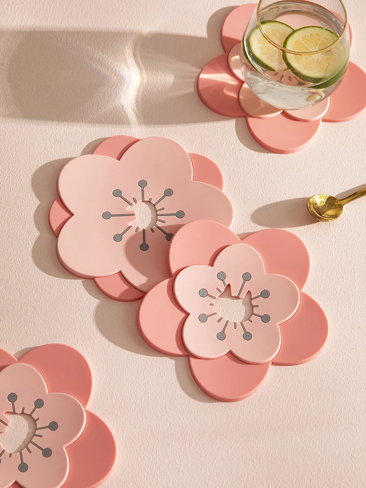 Teacup Mat Office Water Cup Cute Sakura-Shaped Heat Proof Support Double Layer Silicone | Дом и сад