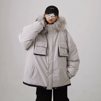 

Winter 2019 new slim-fitting large-collared overalls thickened hooded overalls loose casual personality youth men's wear