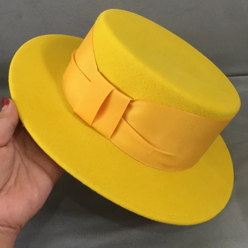 Новая модная желтая фетровая шляпа женская зимняя шапка женская короткая мягкая фетровая шляпа с широкими полями шерстяная шляпа резинка с тесьмой женские вечерние Свадебный церковный головной убор