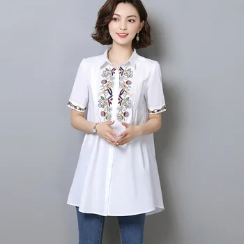 

#2972 2020 Summer Long Shirt Women Embroidery Floral Loose Short Sleeve Shirt Woman White Blue Red Elegant Shirt Tunic Plus Size