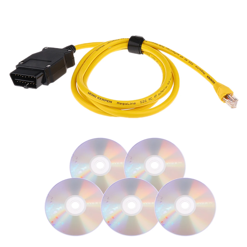 OBD-II 16pin Plug Adapter With Extension Cable + 5 Pieces CD, Ethernet To OBD For BMW