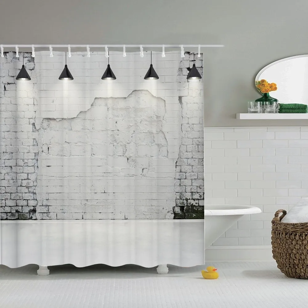 Ancient motorcycle and brick wall Bathroom Fabric Shower Curtain Set 71Inch 
