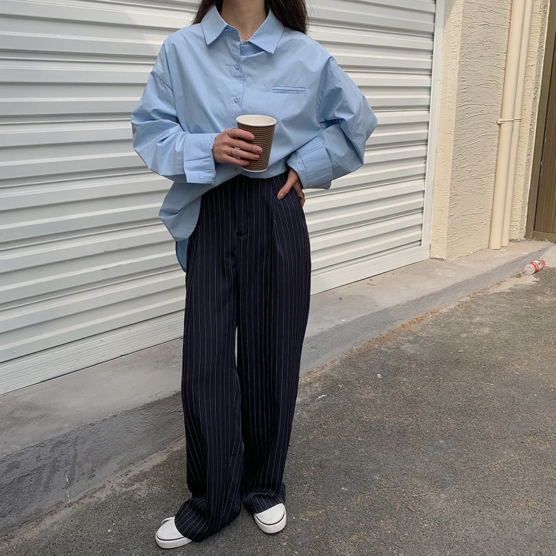 high waisted jeans HziriP 2021 Spring Summer New Stripe Loose Thin All Match Straight Leisure Trousers OL Lady High Waist Casual Wide Leg Pants capri trousers