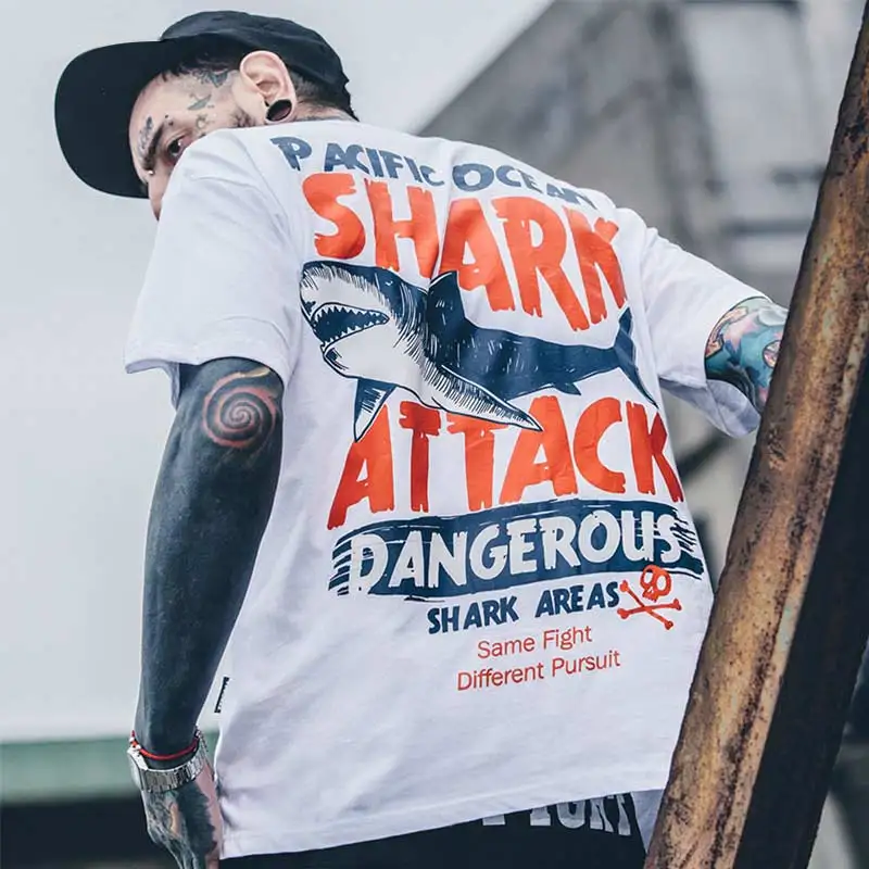 Aolamegs T-shirt Men Dangerous Big Shark Printed Short Sleeve Tee shirt Fashion Street Hip Hop Creative Tops Couples T shirts