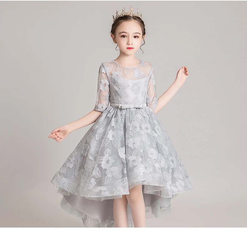 Платье принцессы серебристо-серый с коротким передом и длинной спинкой для девочек в цветочек платья 2019 блестками кружевное, от верха до